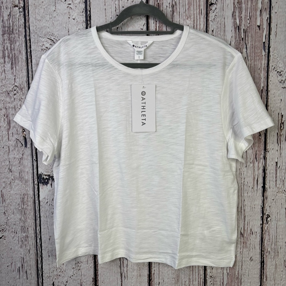 🏷️NWT Athleta Size Large Essential Slub Tee Bright White Semi-Fitted Crew Neck - Picture 1 of 16